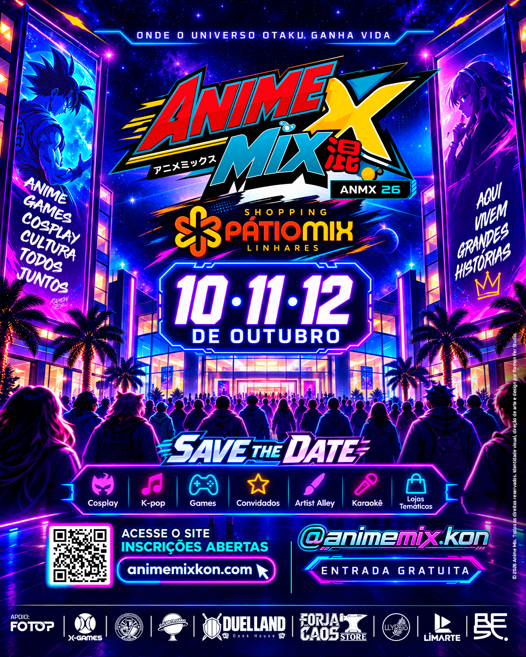Cartaz oficial AnimeMix 2026: 10, 11 e 12 de outubro no Shopping PátioMix Linhares. Entrada gratuita.